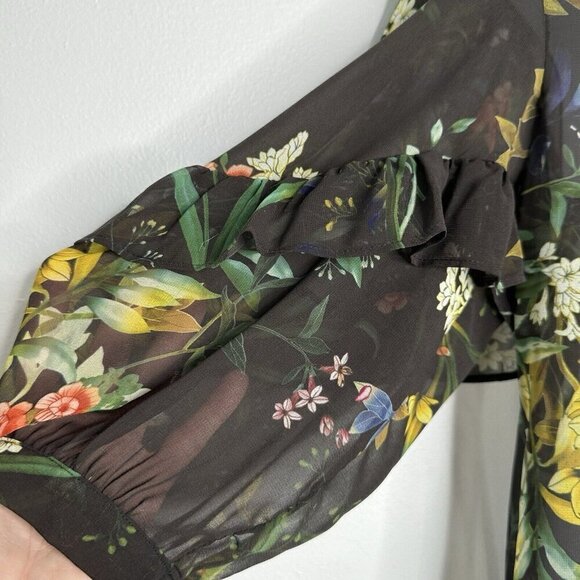 Chicos Chiffon Floral Ruffle Sleeve Sheer Blouse Size XL Black Boho - Picture 3 of 11